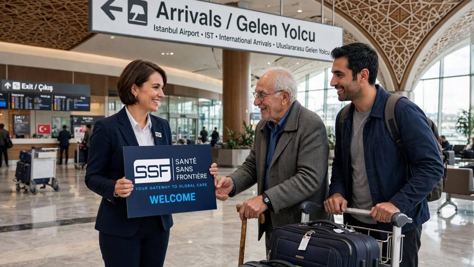 An SSF officer holding a welcome sign greets an elderly patient and his companion at Istanbul Airport international arrivals